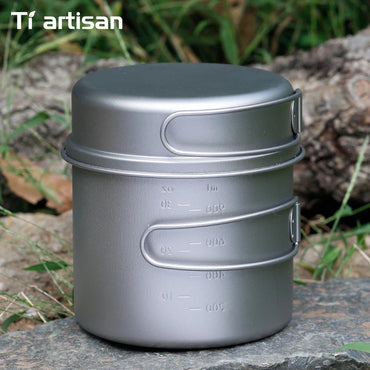 Ultralight Titanium Camping Cookware Set – Folding Handle Pot & Frying Pan for Backpacking, Hiking & Picnic