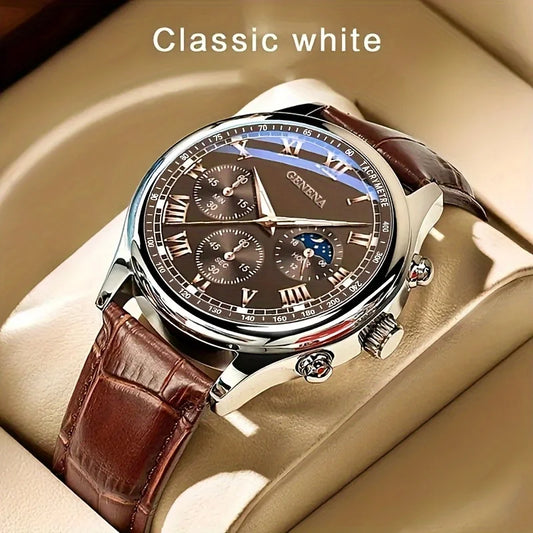 Men's Quartz Leather Strap Watch - 40mm Round Alloy Case, Business Casual Sport, Water-Resistant Luminous Dial