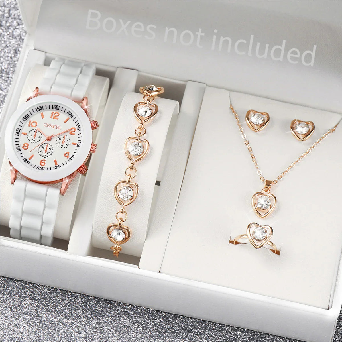 5/6-Piece Women's Quartz Watch Jewelry Gift Set – Silicone Band Watch with Bracelet, Necklace & Earrings