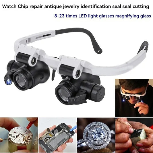 Headband Magnifier with LED Lights — 3 Interchangeable Lenses 8x/15x/23x for Watch Repair, Jewelry & Engraving