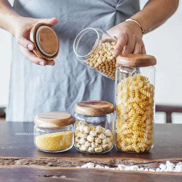 KEMORELA Transparent Food Storage Container Jar Acacia Wood Round Tea Jar Dried Fruit Snacks Kitchen Glass Sealed Storage Jar