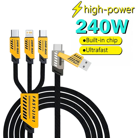 240W 2-in-3 Nylon Braided Multi-Port Fast Charging Cable USB-A + USB-C to USB-C, Lightning & Micro USB