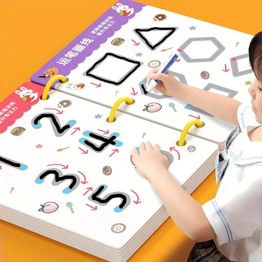 Reusable 34-Page Kids Workbook with Erasable Pen — Early Writing & Drawing Practice, Pen Control Training, Educational Gift