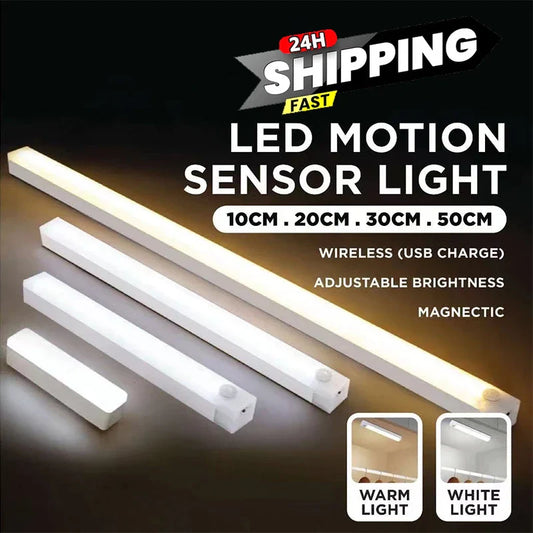 PIR Motion Sensor LED Under-Cabinet Rechargeable Night Light — Dimmable Magnetic Closet Stair Kitchen Light Bar (10–50 cm / 4–20 in)