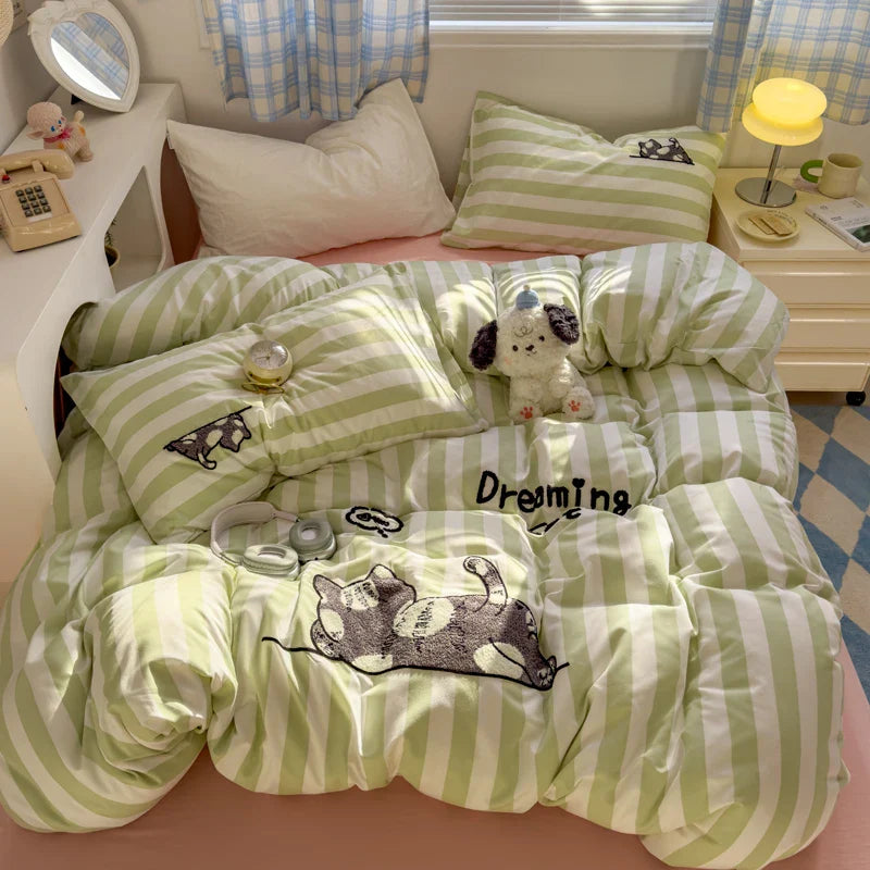 Brown Striped Bedding Set - Duvet Cover, Flat Sheet & Pillowcases (Single/Twin/Full/Queen)