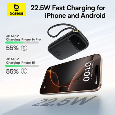 22.5W Fast Charging 10000mAh / 20000mAh Power Bank with Built-In Retractable USB-C & Lightning Cables – Portable Charger for iPhone, Samsung, Xiaomi