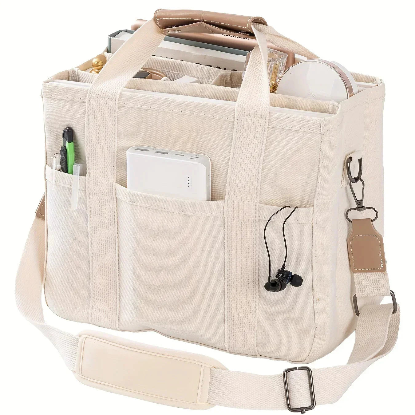 Ladies Canvas Handbag Multi Pocket Large Capacity Tote Bag Adjustable Shoulder Strap Casual Shoulder Shopping Bag