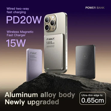 5000mAh Ultra-Slim Magnetic Wireless Power Bank Fast Charge Qi2 Clip-On Portable Battery with Built-In Cables and LED Display