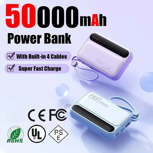 50000mAh Fast Charging Power Bank 120W Portable Charger with Built-In Cables External Battery Pack for Smartphones