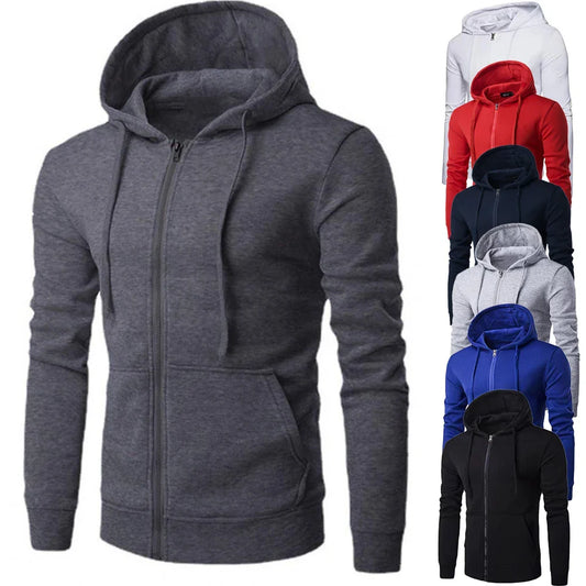 Men's Slim-Fit Zipper Hoodie Jacket – Autumn/Winter Long Sleeve Knit Polyester
