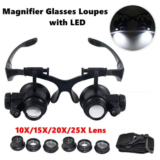 Adjustable LED Headband Magnifier with 10x/15x/20x/25x Interchangeable Lenses — Hands-Free Magnifier for Jewelry Repair, Watchmaking and Reading