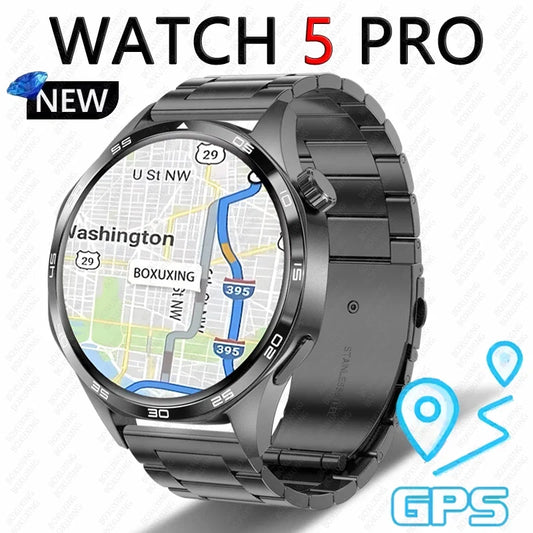 BOXUXING 2026 New Smart Watch Men Watch 5 Pro AMOLED HD Screen Bluetooth Call GPS Trajectory NFC Heart Rate Compass SmartWatches