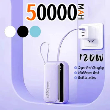 50000mAh Fast Charging Power Bank 120W Portable Charger with Built-In Cables External Battery Pack for Smartphones
