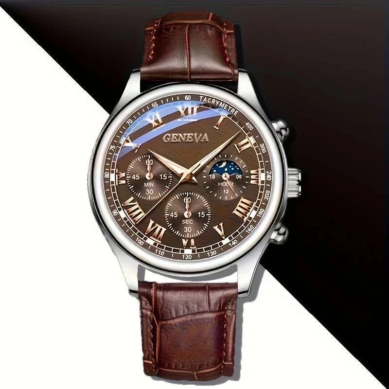 Men's Quartz Leather Strap Watch - 40mm Round Alloy Case, Business Casual Sport, Water-Resistant Luminous Dial