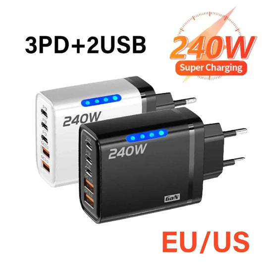 240W 5-Port USB-C PD Fast Charger GaN – Quick Charge 3.0 Adapter (3×Type-C + 2×USB-A)