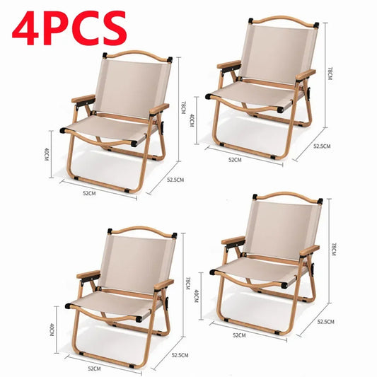 Khaki Folding Camping Chair with Beech Wood Armrests – 600D Oxford Fabric, Steel Frame – Portable Outdoor Chair (1/2/4-Pack)