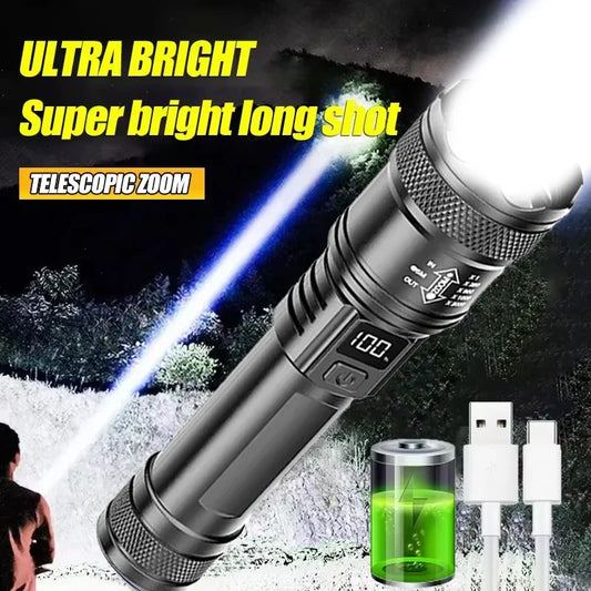 2000LM Tactical LED Flashlight with LCD Battery Display — USB-C Rechargeable Zoom Torch, IP67 Waterproof Power Bank for Camping & Emergency