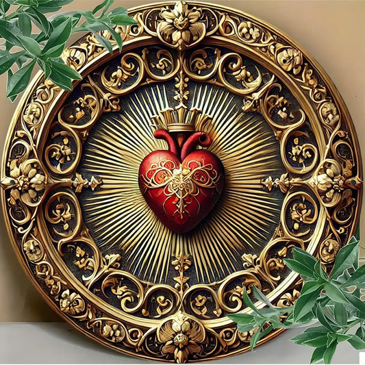 Vintage Sacred Heart Aluminum Wall Art - Golden Red Religious Decor, Home Office Spiritual Art