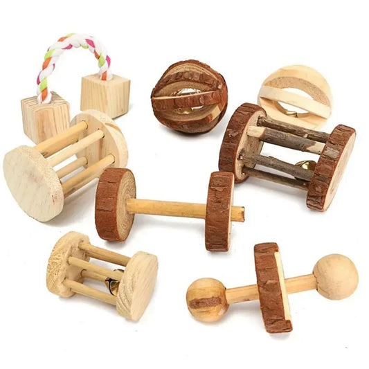 Wooden Pine Chew Roller Toy for Rabbits, Guinea Pigs & Rats - Dumbbell Unicycle Bell for Small Pets