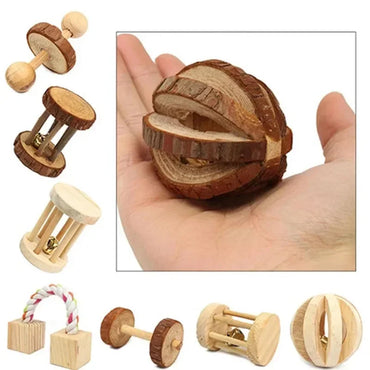 Wooden Pine Chew Roller Toy for Rabbits, Guinea Pigs & Rats - Dumbbell Unicycle Bell for Small Pets