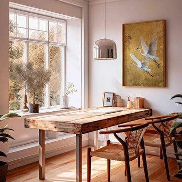Japanese Elegant Flying Cranes in Gold Poster Flying Cranes in Gold