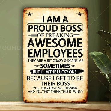 1 Piece 'Awesome Employee's Proud Boss' Aluminum Sign, 8x12 Inches - Humorous and Motivational Wall Art with Vintage Design