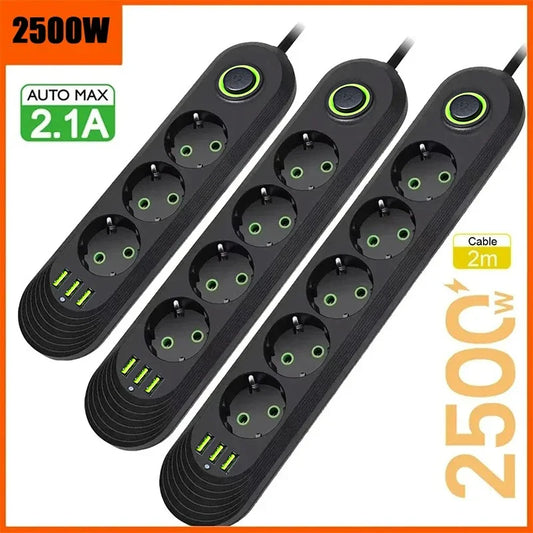 EU Plug 2m (6.6ft) 2500W Power Strip 3 EU Sockets 3 USB Fast Charging Surge Protector with On/Off Switch