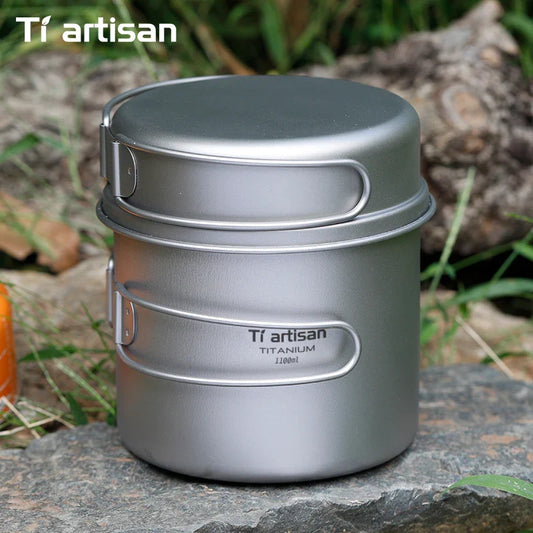 Ultralight Titanium Camping Cookware Set – Folding Handle Pot & Frying Pan for Backpacking, Hiking & Picnic