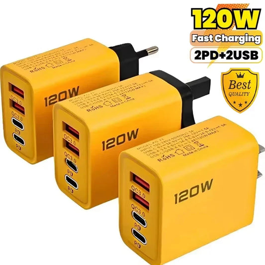 120W 4-Port PD Fast Charger Wall Adapter – 2 USB-C & 2 USB-A Quick Charge with US/EU Plugs