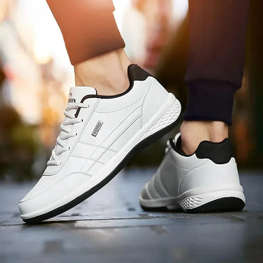 Men's Leather Lace-Up Vulcanized Sneakers, Casual Comfortable Ankle Trainers