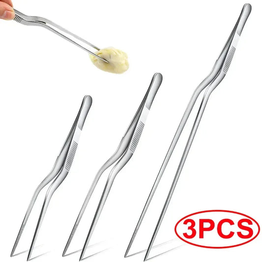 Stainless Steel Kitchen Tweezers & BBQ Tongs, Portable Food Clips — 1 or 3-Pack (14/16/20 cm | 5.5/6.3/7.9 in)