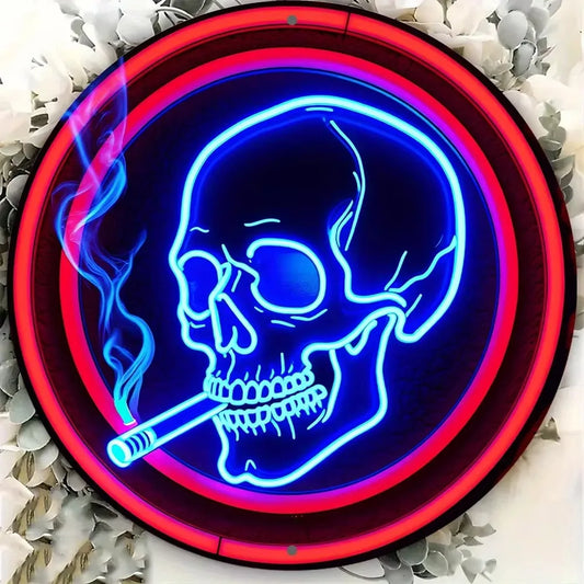 Stand out Aluminum Neon Skull Sign. Round, Cigarette Wreath.Ideal Wall Art for Kitchen, Office, Garden. Great for Festive Decor