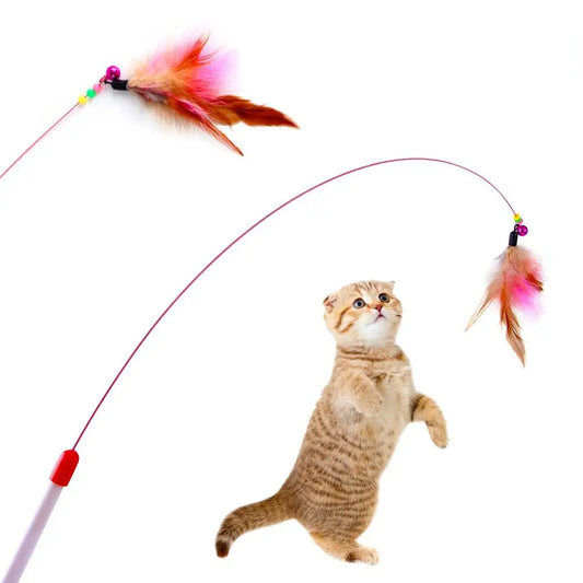 Interactive Cat Teaser Wand with Feather and Bell 35.4 in (90 cm) Metal Wire Rod — 1-Pack
