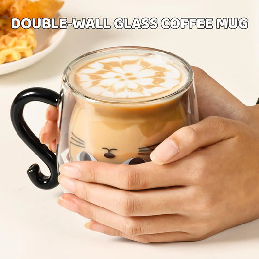 Cute Cat Double-Wall Insulated Glass Coffee Mug with Handle, Cartoon Couple Teacup for Home & Office