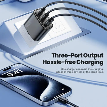 40W GaN 3-Port USB Fast Charger – Dual USB-C PD + USB-A QC4.0 Compact Travel Wall Charger
