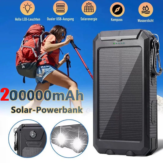 200000mAh Waterproof Solar Power Bank 20W Dual USB Portable Charger with LED Display & Flashlight for Camping