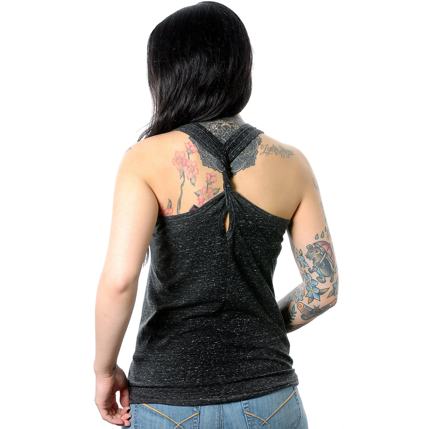 Loner Black Gray Cosmic Twist Back Tank Top