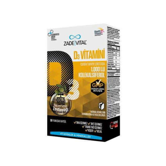 Zade Vital Vitamin D3 Supplement - 30 Capsules, Supports Bone Health & Immune System