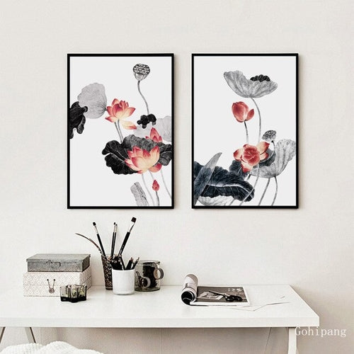 Chinese Lotus Ink Painting Abstract Flower