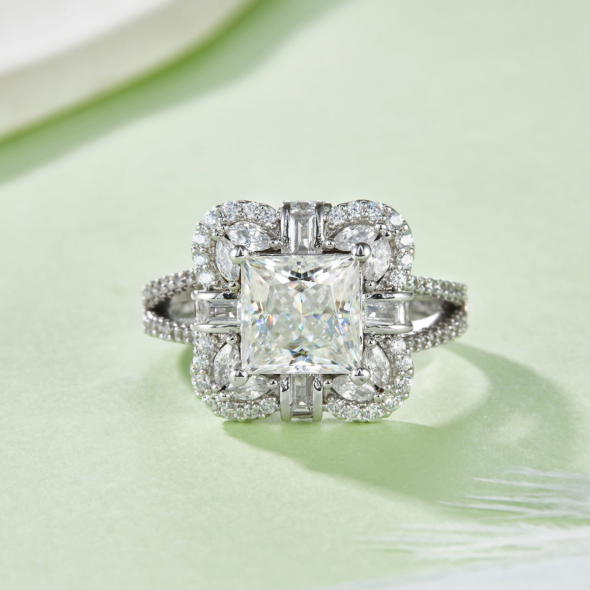 S925 Sterling Silver 2ct Princess Cut Moissanite Ring, D-VVS1 Cluster Halo With Split Shank, Platinum Plated US Sizes 5-9, GRA Certificate Gift Box