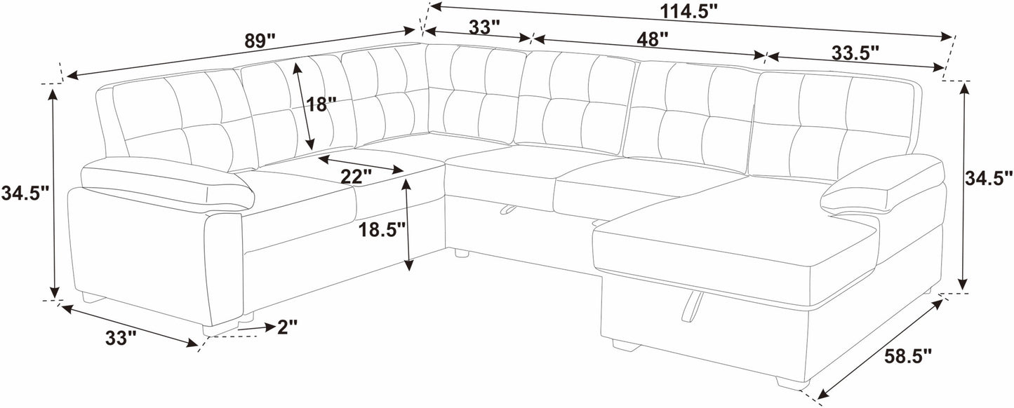Sofa Bed U-Shape Faux Leather Brown Sleeper Storage Chaise 114 In
