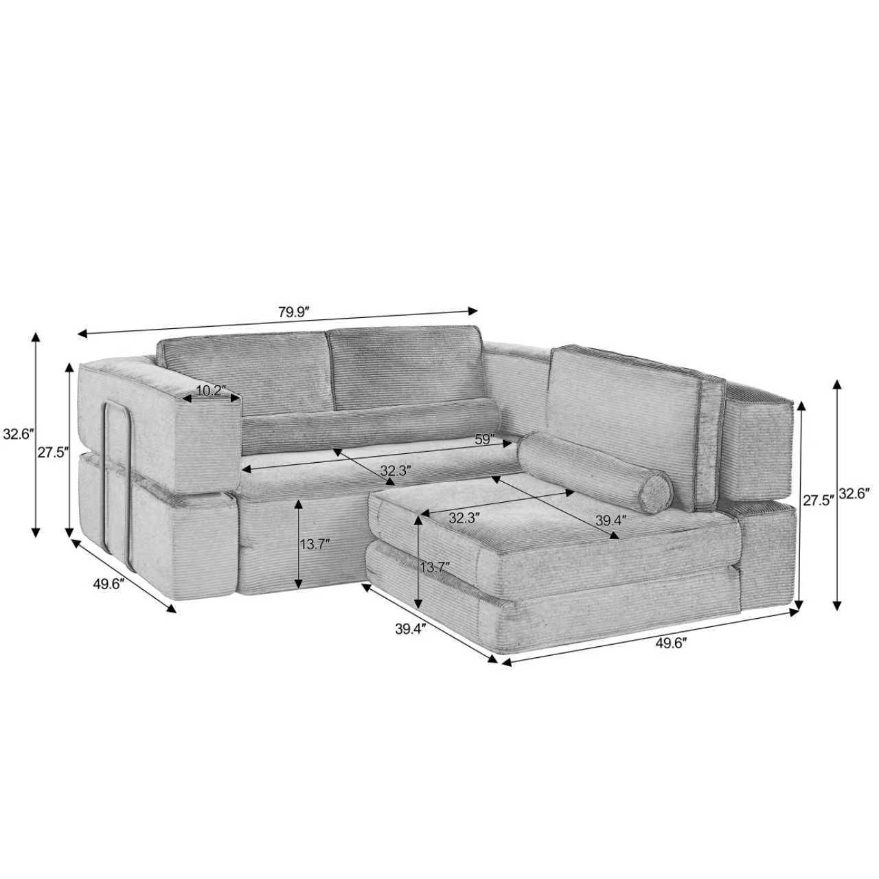 Sectional Sofa Modular Suede Khaki 4 Seat Deep Seat Configurable