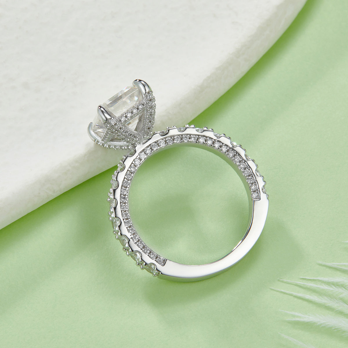 S925 Sterling Silver 4ct Emerald Cut Moissanite Ring, D-VVS1 Pave Band, Platinum Plated US Sizes 5-9, GRA Certified Jewelry Gift Box
