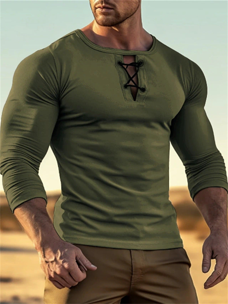 Mens Round-neck Solid-color Long-sleeve Top With Buttons