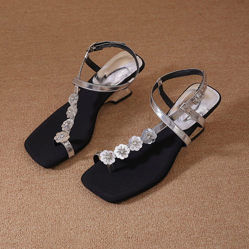 Women Elegant Square Toe High Heel Sandals, Simple Delicate Toe Loop Single Strap Floral Fashion Shoes For Summer Outdoor Wear
