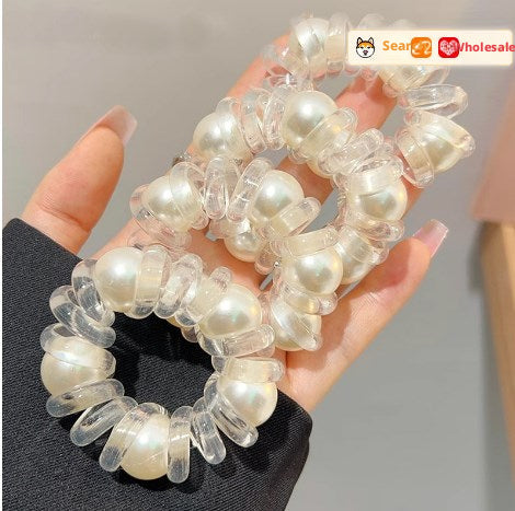 Pearl telephone cord hair ring-five beads-1 pack