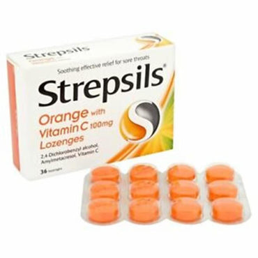 Strepsils C Vitamin Orange Flavored Throat Lozenges - 24 Count - Soothe Sore Throats with Vitamin C