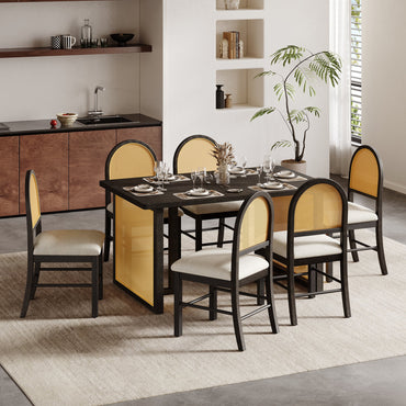7-Piece Farmhouse Dining Table Set for 6, 59.8 in Rectangular Table with Rattan Chairs