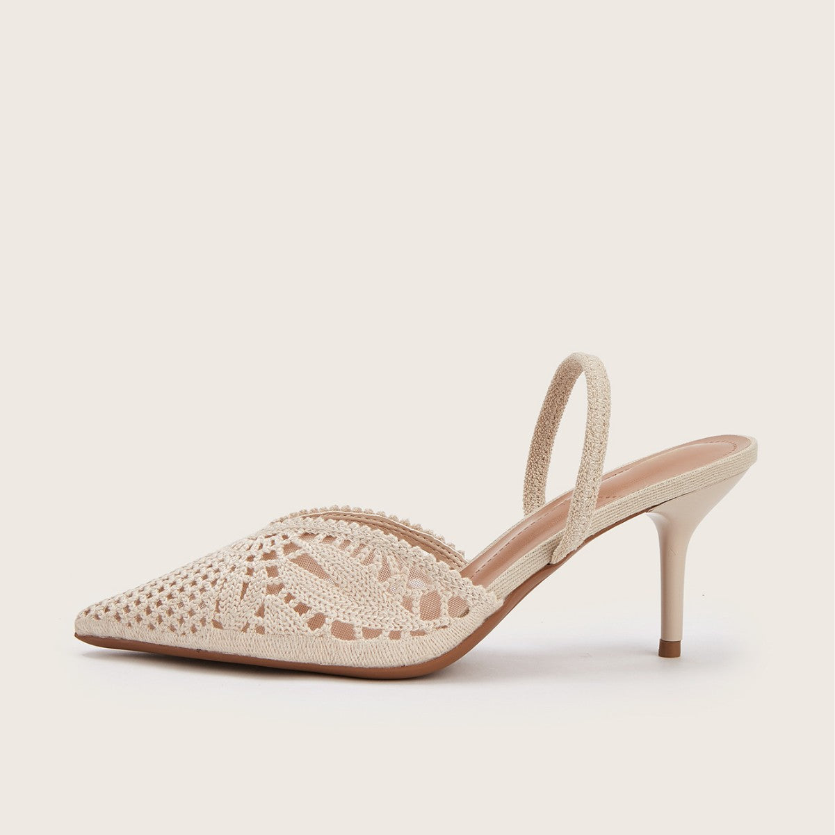 Women's French Style Knitted Cutout Pointed Toe Slingback Heeled Sandals - Elegant Casual Summer High Heel Shoes for Ladies
