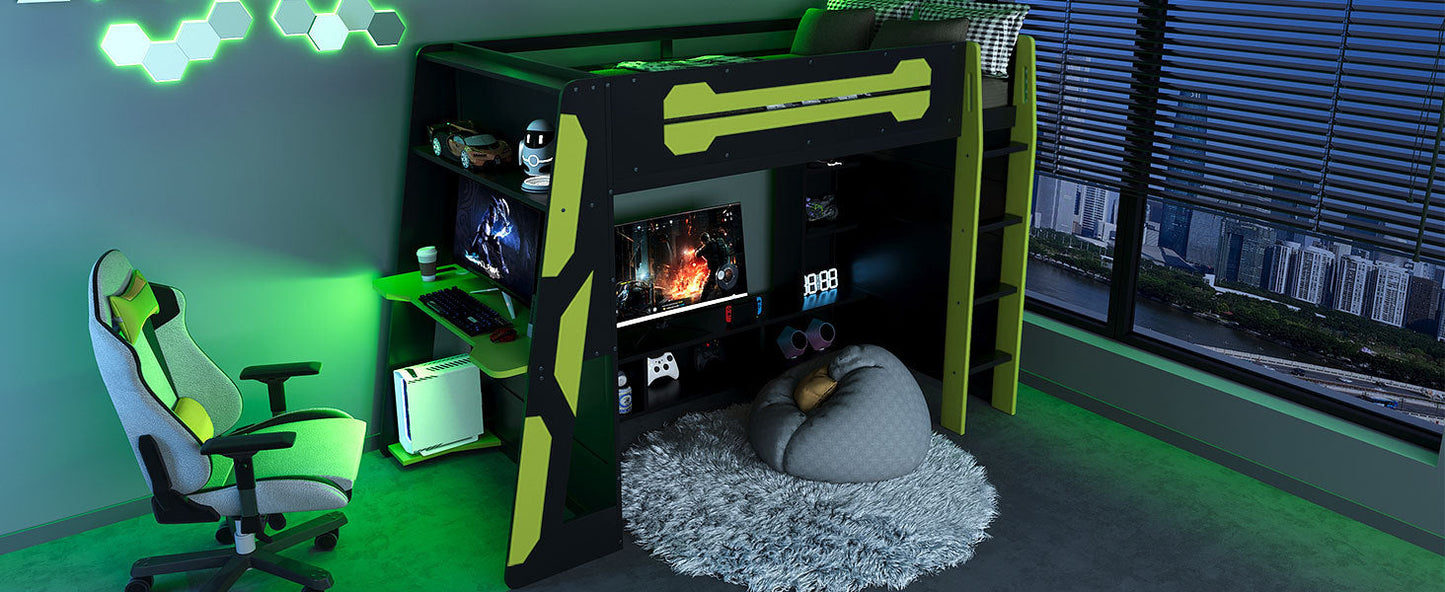Twin Size Wood Loft Bed with Desk, Multi-storage Shelves and RGB Light, Green